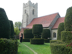 borley church,  essex, c16 tower, c11 nave. great topiary, locked church
