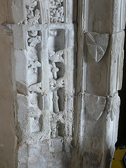 belchamp walter church, essex, john boutetort, c14 tomb canopy with square cut hole to cusps in line with tudor window. contemporary paintings cover the walls.c.1325