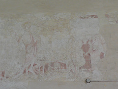 belchamp walter church, essex, john boutetort, c14 tomb canopy with square cut hole to cusps in line with tudor window. contemporary paintings cover the walls.c.1325