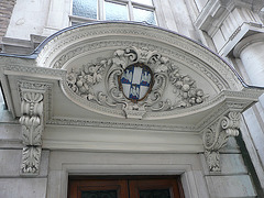 tallow chandlers' hall, london,good shell hood of c.1672 over cloak lane entry to guild hall of city livery co. of tallow chandlers.