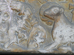 church hanborough oxon, tympanum c12,detail of cock at peter's feet, c.1130 and head of agnus dei