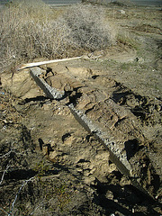 Exposed foundation for adobe structure at Miracle Hill & Two Bunch Palms Tra