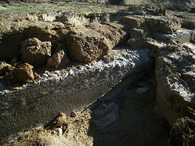Exposed foundation for adobe structure at Miracle Hill & Two Bunch Palms Tra