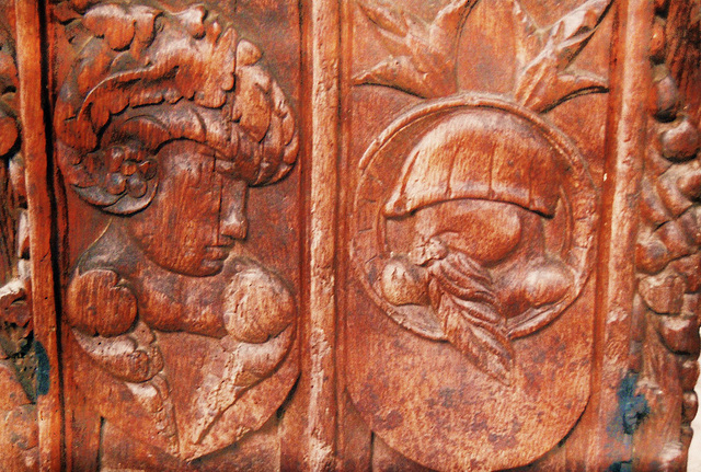 lansallos church, bench end