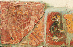 little dunmow essex c14 tiles, dancers from a tile designed to be used joined up  with others to depict a continuous panorama, and two incised fragments, one pseudo mosaic similar to those at meesden