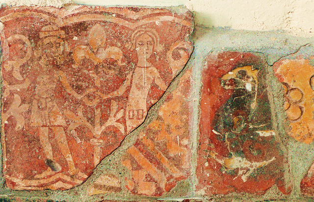 little dunmow essex c14 tiles, dancers from a tile designed to be used joined up  with others to depict a continuous panorama, and two incised fragments, one pseudo mosaic similar to those at meesden