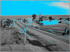 La Gaspésie !! Gaspesia !! Vue sur le fleuve du Motel Mont-Joli / N & B  avec bleu photofiltré.