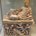 Painted Etruscan Terracotta Cinerary Urn with a Reclining Man on the Lid in the British Museum, May 2014