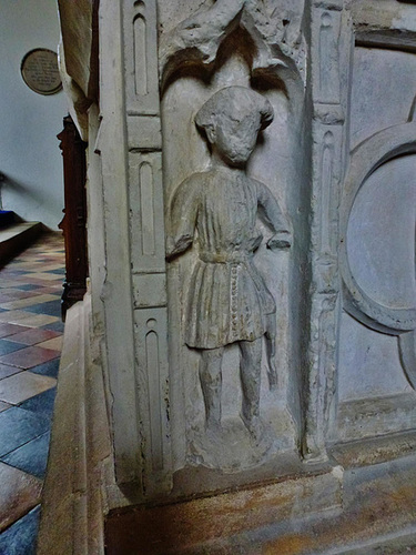 little munden church, herts.n.e.  weeper on  c14 chest tomb of sir john thornbury, +1396 and his wife nanarina