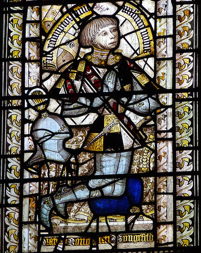 east harling church , norfolk, donor robert wingfield in c15 glass shown wearing a yorkist livery collar