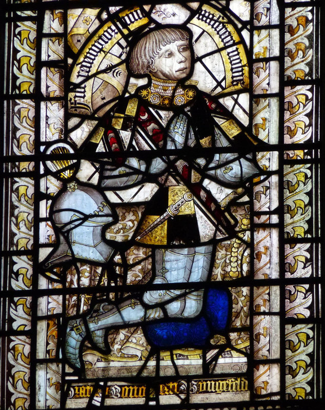 east harling church , norfolk, donor robert wingfield in c15 glass shown wearing a yorkist livery collar