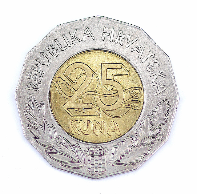 Kroata monero de 25 kunaoj, 1997 / Pièce de monnaie croate de 25 kunas, 1997.