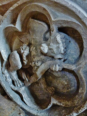 cogges church, oxon.lion evangelists symbol on side of early c14 chest tomb in north chapel