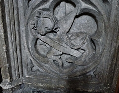 cogges church, oxon.bull evangelists symbol on side of early c14 chest tomb in north chapel