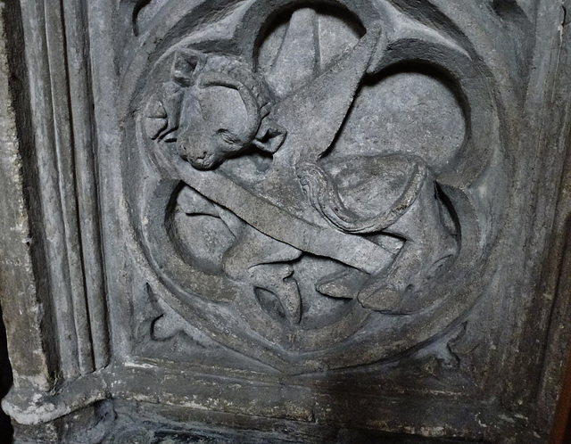 cogges church, oxon.bull evangelists symbol on side of early c14 chest tomb in north chapel