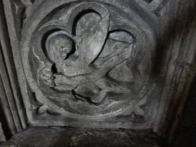 cogges church, oxon.eagle evangelists symbol on side of early c14 chest tomb in north chapel
