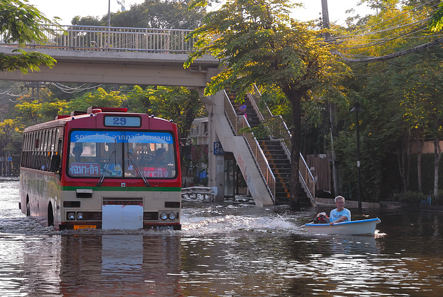 Bus and boat side by side