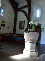 fawkham church, kent,c12 font bowl on c15 stem, late c11 windows, one with nice millenium glass, and c14 structure for bellcot