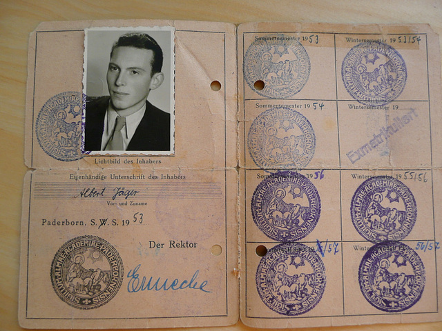 Ausweiskarte für die Kirchliche Hochschule in Paderborn von 1953 - 1957