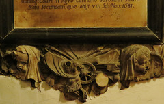 st.michael cornhill, london,gun and armour in martial detail of memorial to john huitson, 1689