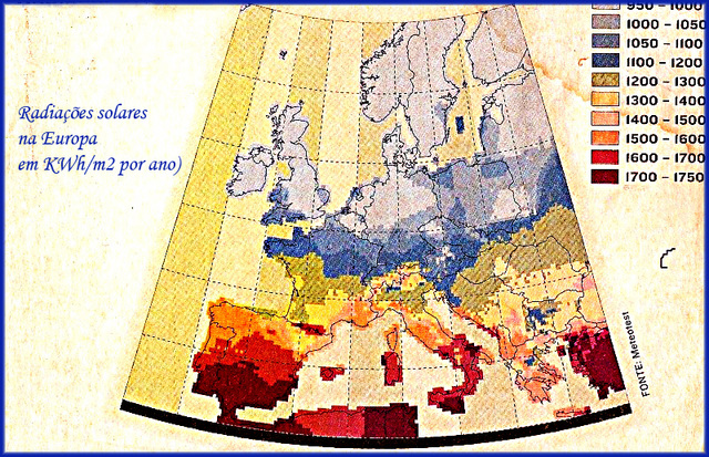 Mapa das radiações solares na Europa