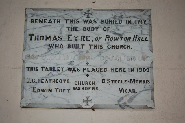 Defaced memorial to Thomas Eyre, Saint Michael's Church, Birchover, Derbyshire