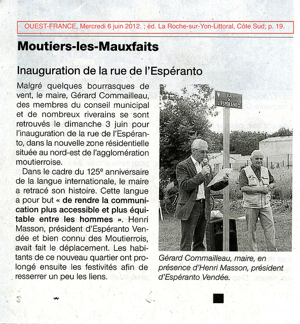 Inauguration de la rue de l'espéranto/ Inaũguro de la Esperanto-strato, Moutiers-les-Mauxfaits