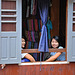 Look out the window from the silk shop