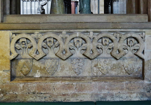 bristol cathedral,band of decoration on the tomb chest below the stellar niche over lady joan berkeley's tomb of 1309 in the berkeley chapel