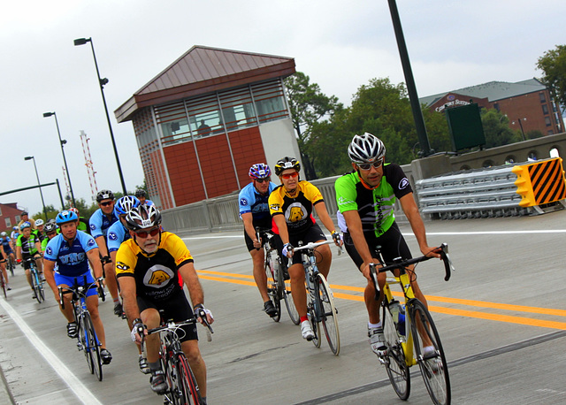 Cyclists on drawbridge