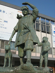 Statue of Momotaro with Dog, Monkey and Pheasant