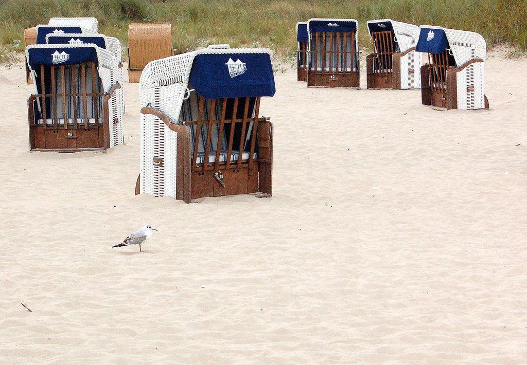 mevoj antaŭ strandkorbsidiloj en Ahlbeck