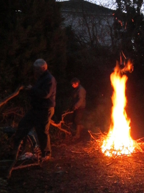 The long branches being cut up next to long flames