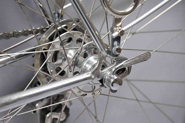 Chromed stays, Campagnolo 1010 long horizontal dropouts and large flange Campagnolo Record hubs (2013)