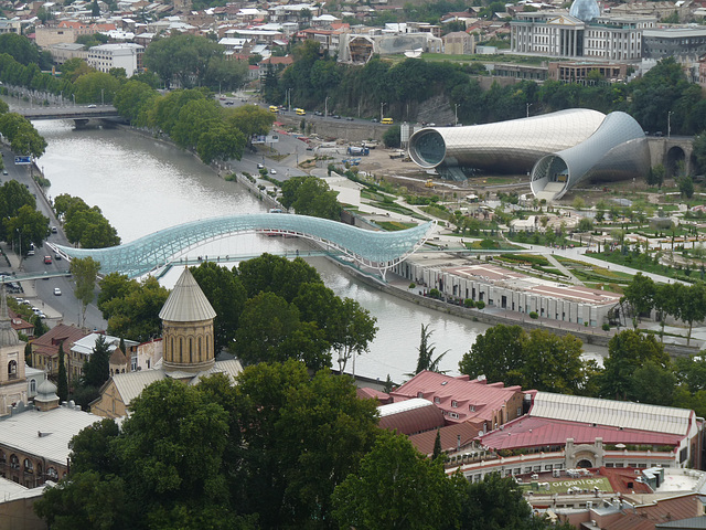 Tbilisi- View of the Peace Bridge, Mtkvari River and Cultural Centre from Nariqala Fortress