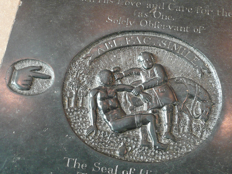 rochester cathedral, good samaritan,deeply cut ledger tomb slab in lady chapel. a hand points to the depiction of the good samaritan, and exhorts us to go and do likewise. the slab is to f.hill, 1759