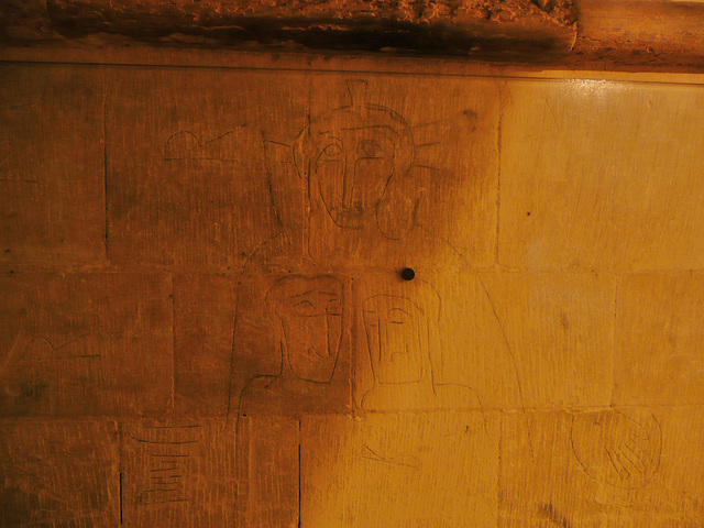 rochester cathedral graffiti,emmaus graffiti incised into southern crypt pier, early c12. many of the piers in the nave have similar scratchings which may have been to set out wall paintings, although