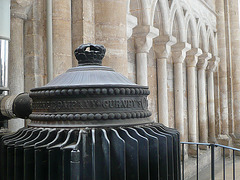 peterborough cathedral,c19 gurney stove and c12 arcading in south nave aisle, c.1150