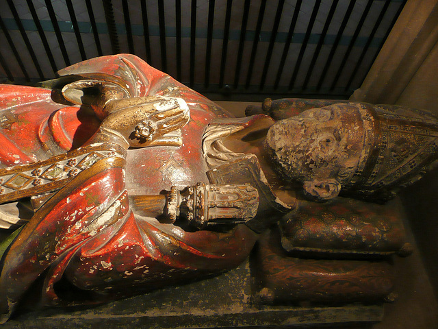 rochester cathedral,detail of c14 tomb of bishop john de sheppey, with original gesso and colour. 1360