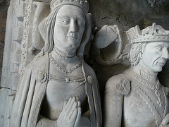 ely cathedral,tomb of john tiptoft, humanist earl of worcester and his two wives philippa and joyce. he died in 1470, beheaded. his over restored effigy sports the ss livery collar of the lancastrians