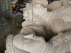 ely cathedral,tomb of john tiptoft, humanist earl of worcester and his two wives philippa and joyce. he died in 1470, beheaded. his over restored effigy sports the ss collar of the lancastrians