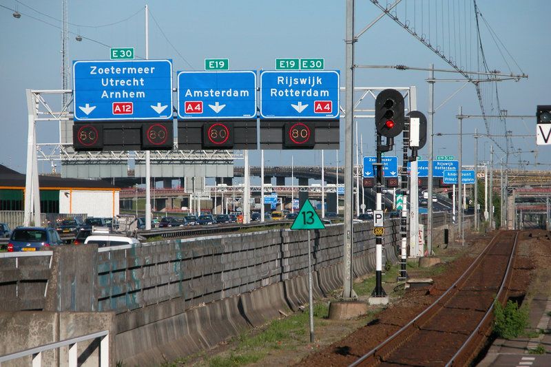 View of highway A12 in and out of The Hague and the railway from The Hague to Utrecht