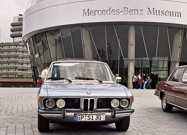 Visiting the Mercedes-Benz Museum: BMW 5-series outside the museum