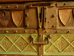 newport church, essex,this c13 chest with its lid painted inside as a reredos seems to have been a portable altar of some sort, despite the rulings against wooden rather than stone altars. it seems to date from c.1280 or so, but has been restored and re-l