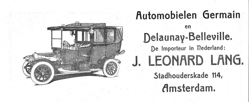 1914 Advertisement for Germain and Delaunay-Belleville automobiles by the Dutch importer J. Leonard Lang