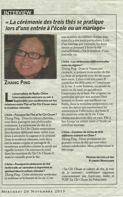 Zhang Ping,  Tai et Thé, L'Echo 20 nov 2013