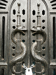 brompton cemetery, earls court,  london,doors to the catacombs below the arcades built in 1838 to baud's design