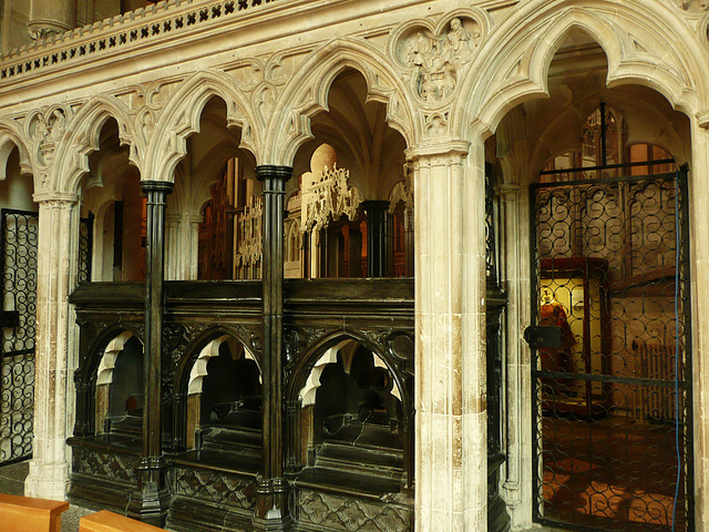 canterbury cathedral,the tomb built for archbishop meopham , who died in 1333 makes a screen across the entrance to the chapel of st.anselm. the canopy is an afterthought, and cuts into the tomb chest