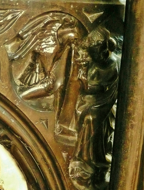 canterbury cathedral, c14 figure with scroll and eagle, from the lower chest tomb built for archbishop meopham , who died in 1333 makes a screen across the entrance to the chapel of st.anselm. the can