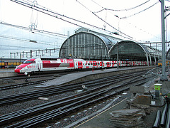 TGV train Thalys with Fortis Bank advertisement at Amsterdam Central Station